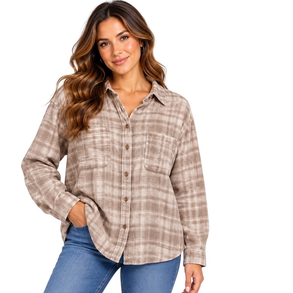 a.n.a a new approach Beige Plaid Flannel Shirt Relaxed Fit Large NWT